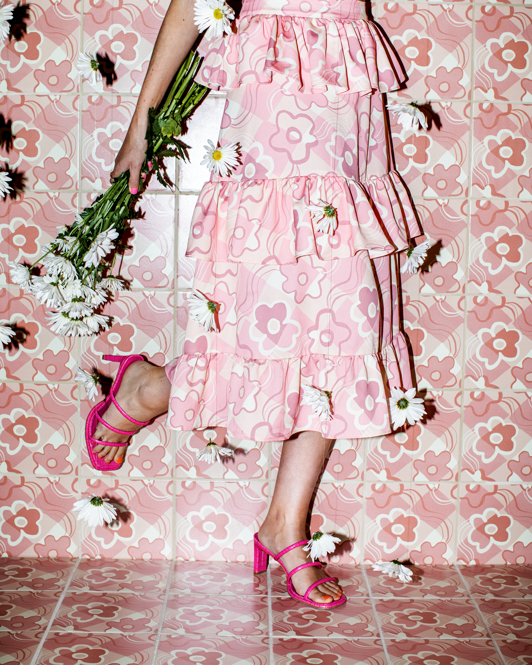 Check Floral ceramic tile by Dazey LA, Bold checkered floral tile – handmade in the USA, Check Floral – retro ceramic backsplash tile