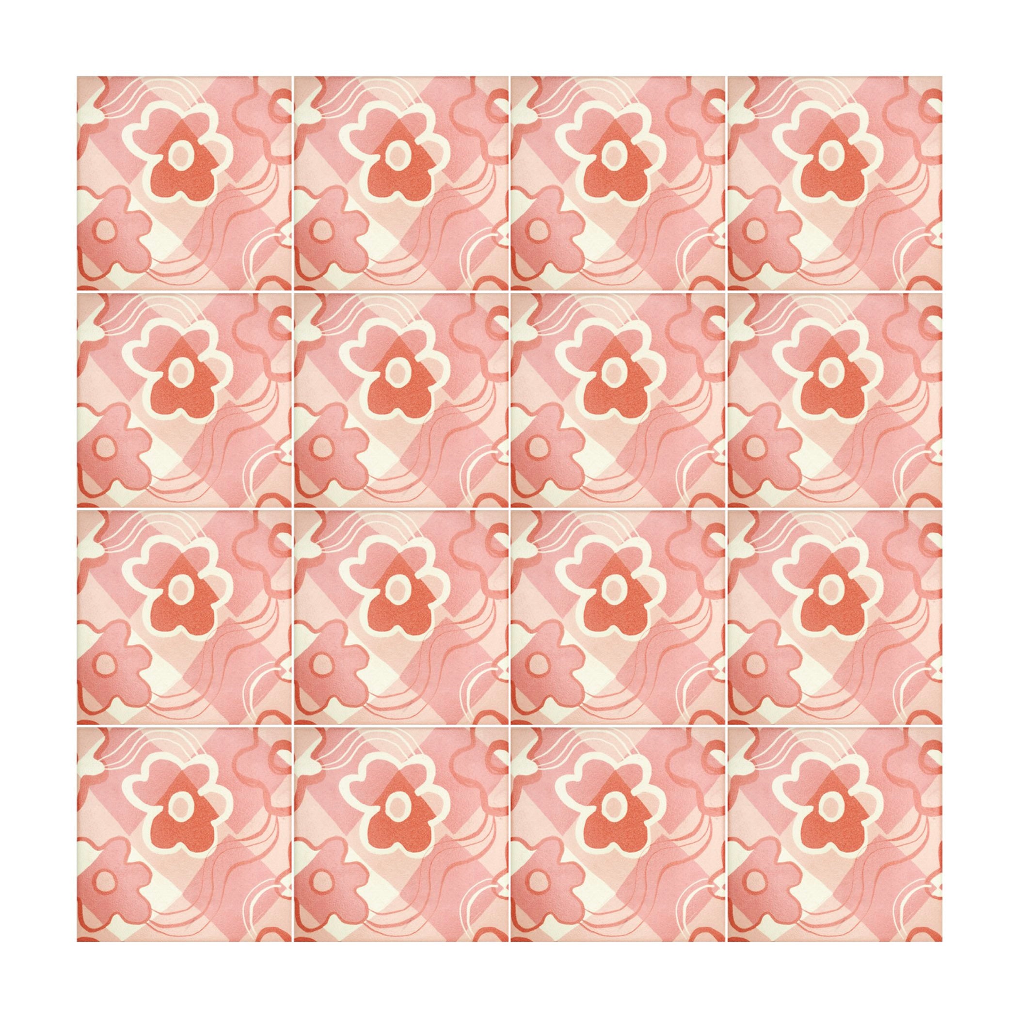 Check Floral ceramic tile by Dazey LA, Bold checkered floral tile – handmade in the USA, Check Floral – retro ceramic backsplash tile