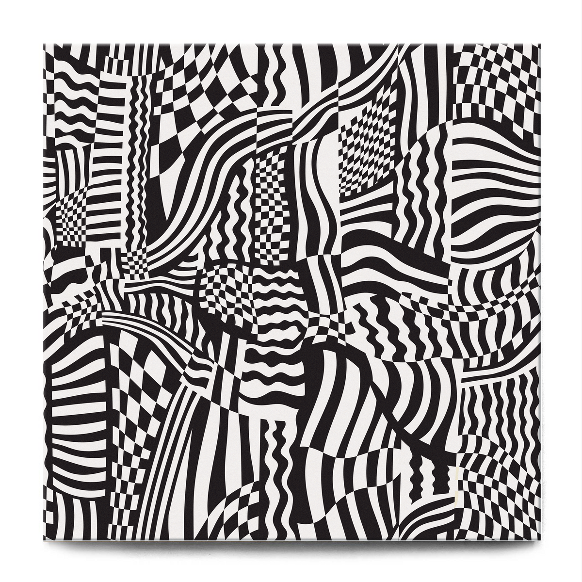 A square black and white porcelain tile featuring a complex pattern of wavy, striped, and checkered optical illusion shapes.