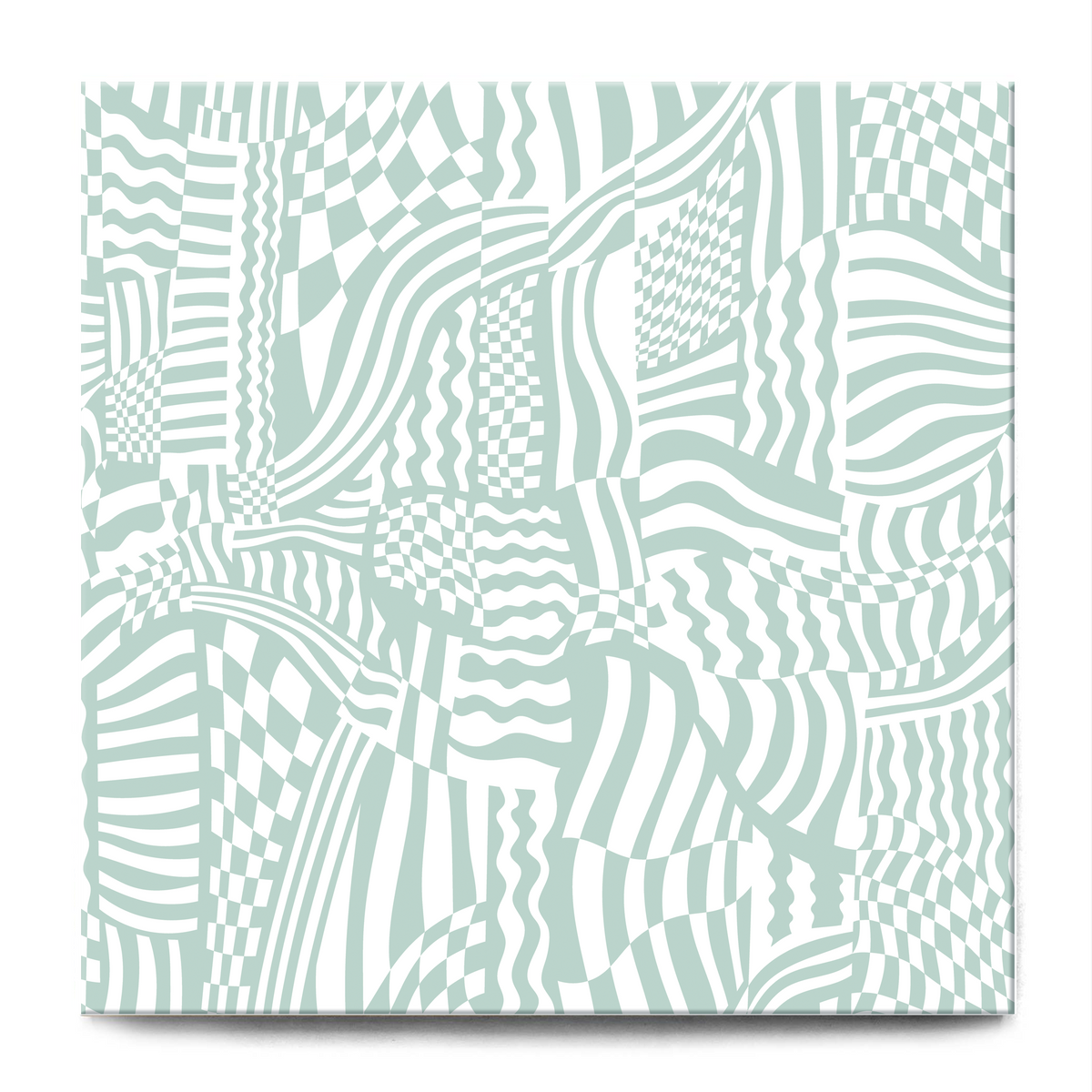 A square porcelain tile featuring an abstract, wavy optical illusion pattern in mint green and white, shown against a clean white background with a subtle drop shadow.